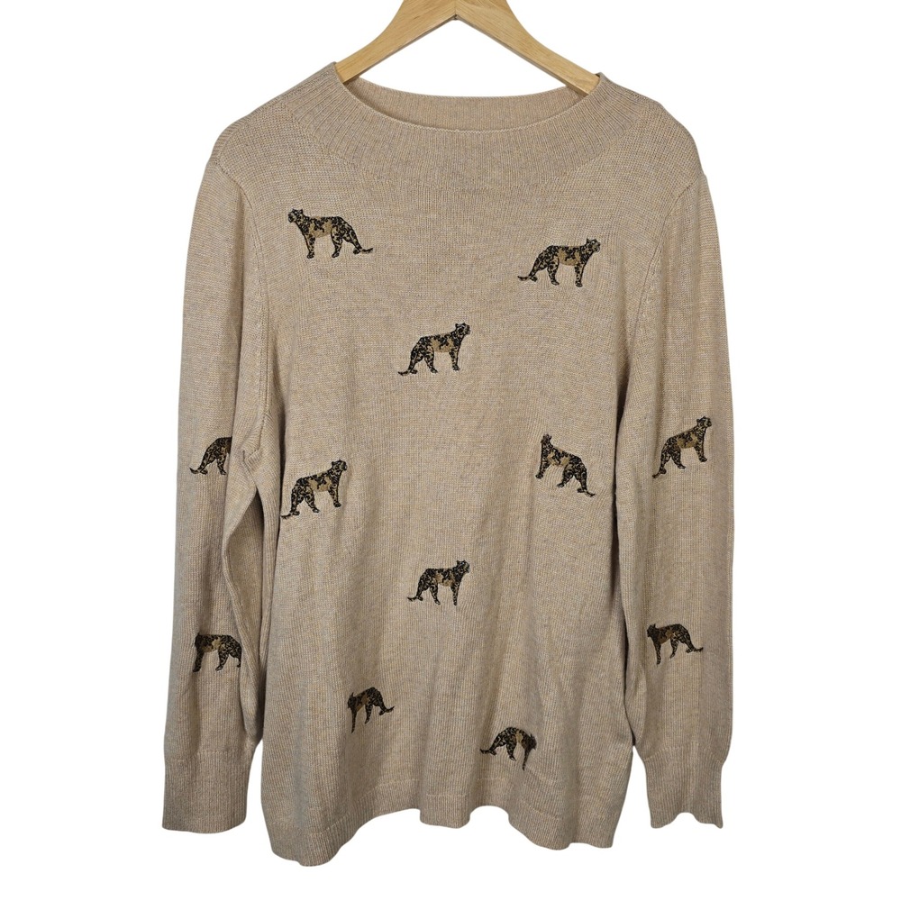 Chico's Women Beige Cashmere Blend Leopard Embroidered Boat Neck Sweater 3 XL